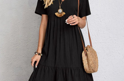 Summer Solid Dress Women Casual Bohemian V Neck Short Sleeve