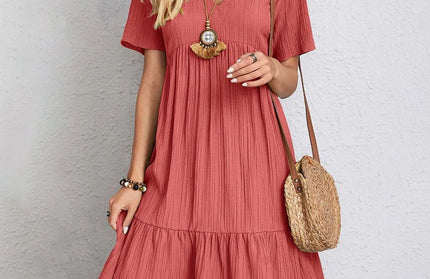 Summer Solid Dress Women Casual Bohemian V Neck Short Sleeve