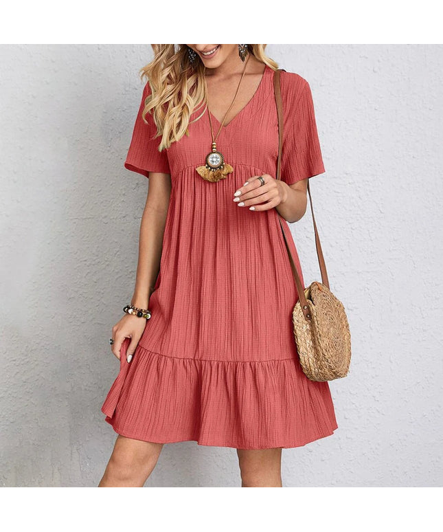 Summer Solid Dress Women Casual Bohemian V Neck Short Sleeve