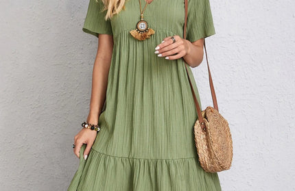 Summer Solid Dress Women Casual Bohemian V Neck Short Sleeve