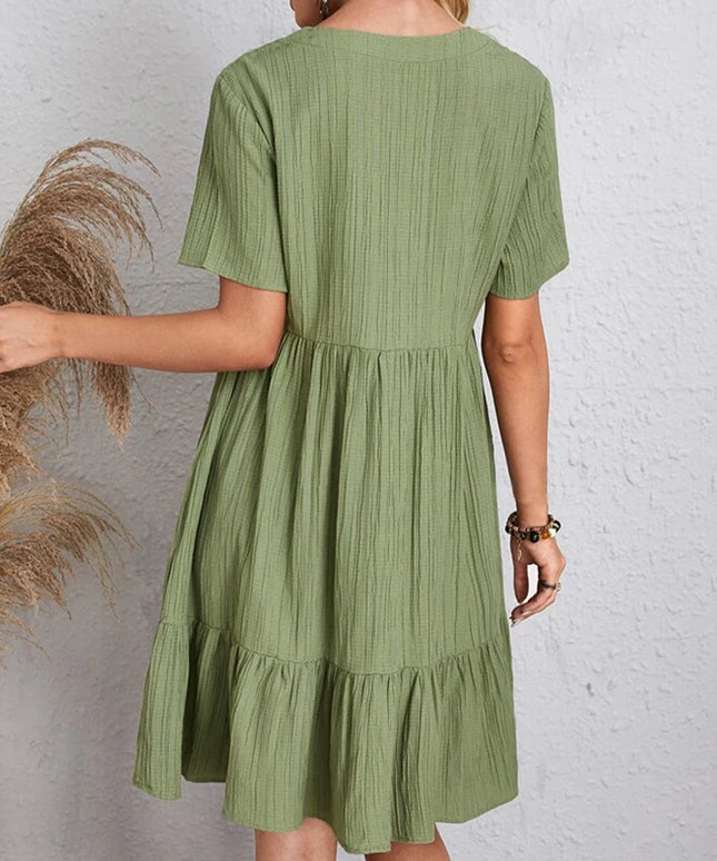 Summer Solid Dress Women Casual Bohemian V Neck Short Sleeve