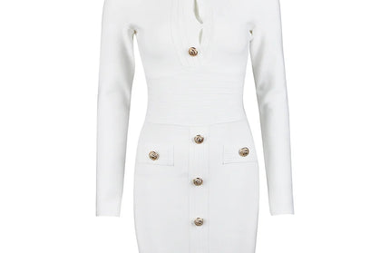 Women's Button Long Sleeve Hollow Out Bandage Dresses