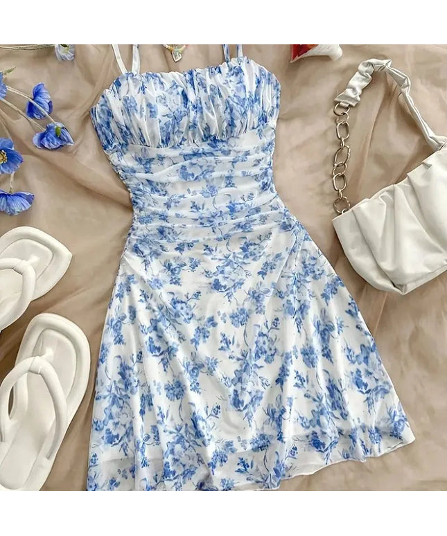 Summer Women Elegant Floral Mini Dress Fashion Fold High Waisted Slim A-Line