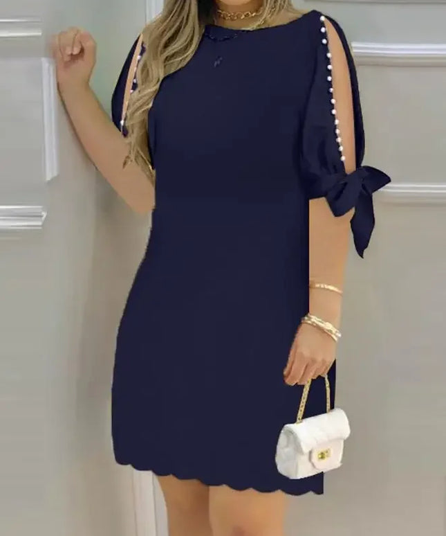 Women Summer Fashion Pearls Decor Split Sleeve Casual Boat Neck