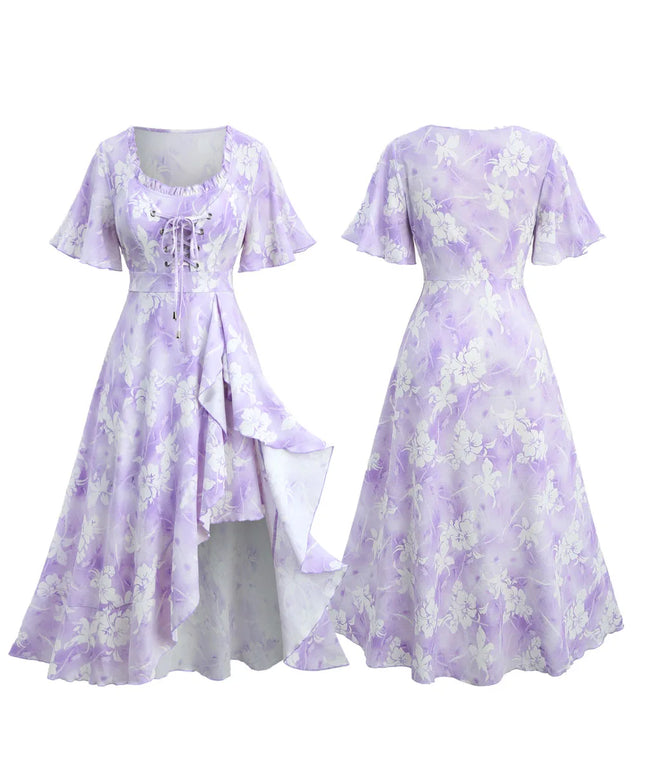 Dye Floral Print Ruffles Lace-Up