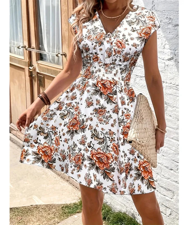 Floral Printed  Midi Dresses For Women Casual Loose V-Neck Short sleeve
