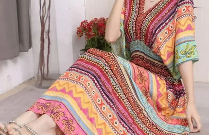 Colorful Flower V-neck Elastic Youthful Bohemian Sweet Dress