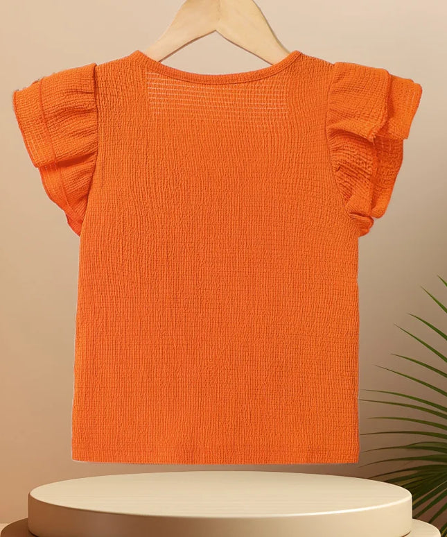Girls Orange Square Collar Lace Sleeve T-Shirt