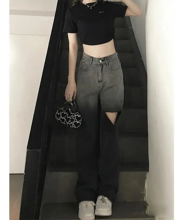 Ripped High Waist Straight Jean
