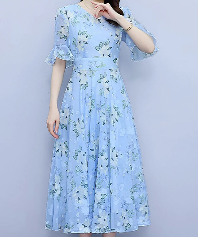 Summer Casual Boho Floral Chiffon Beach Long V-Neck Dress