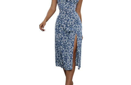 Summer Women Flower Print Spaghetti Strap Sleeveless  with High Slit