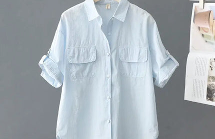 Turn-down Neck Pink Solid Short Sleeved