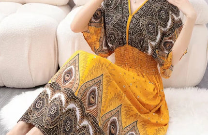 Colorful Flower V-neck Elastic Youthful Bohemian Sweet Dress