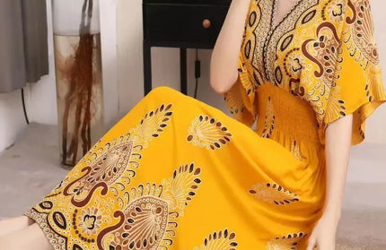 Colorful Flower V-neck Elastic Youthful Bohemian Sweet Dress