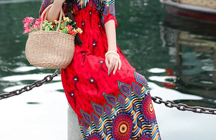 Colorful Flower V-neck Elastic Youthful Bohemian Sweet Dress