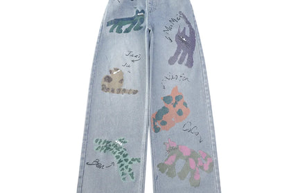 Cartoon Cat Printed Straight-Leg Denim