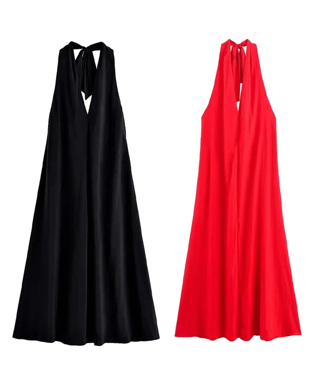 Summer Women Fashion Sleeveless Backless Pleated Decorate Beach Dress