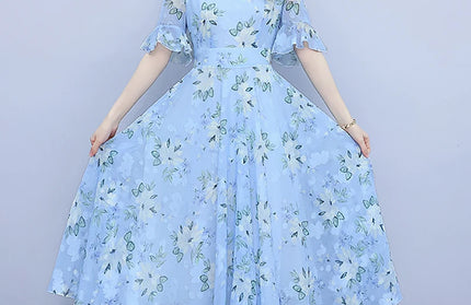 Summer Casual Boho Floral Chiffon Beach Long V-Neck Dress