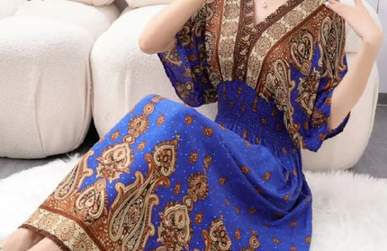 Colorful Flower V-neck Elastic Youthful Bohemian Sweet Dress