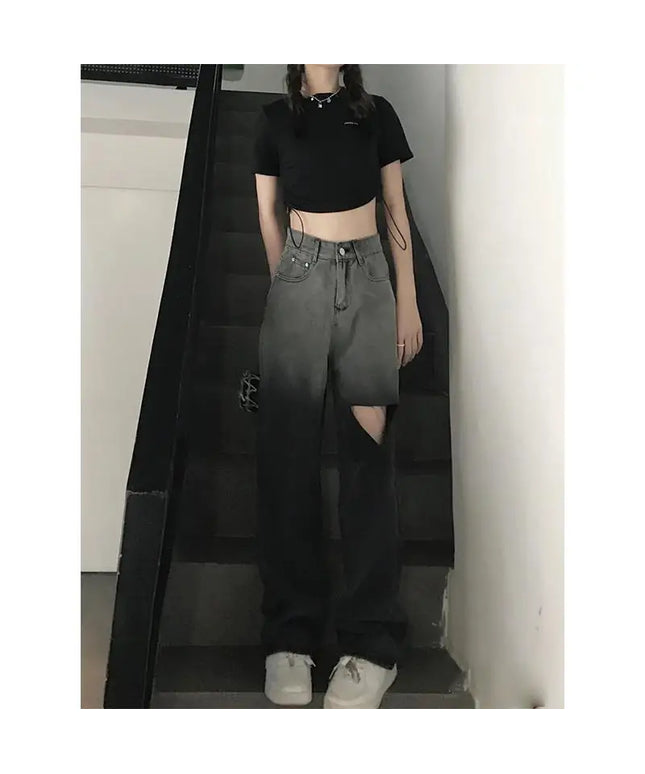 Ripped High Waist Straight Jean