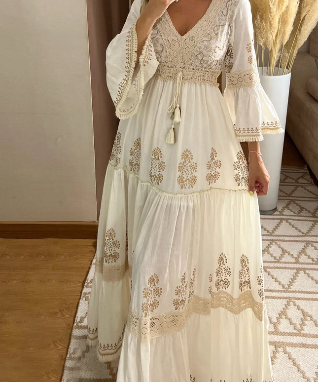 Long Dress for Women Elegant Tassel V-Neck Flare Sleeve