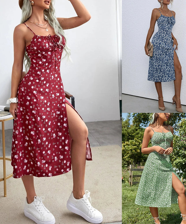 Summer Women Flower Print Spaghetti Strap Sleeveless  with High Slit