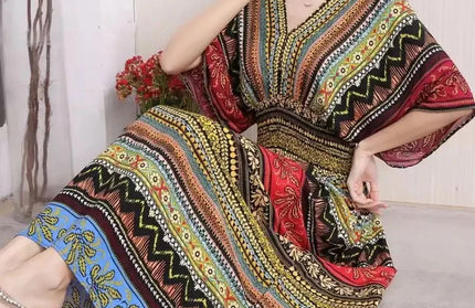 Colorful Flower V-neck Elastic Youthful Bohemian Sweet Dress