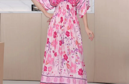 Colorful Flower V-neck Elastic Youthful Bohemian Sweet Dress
