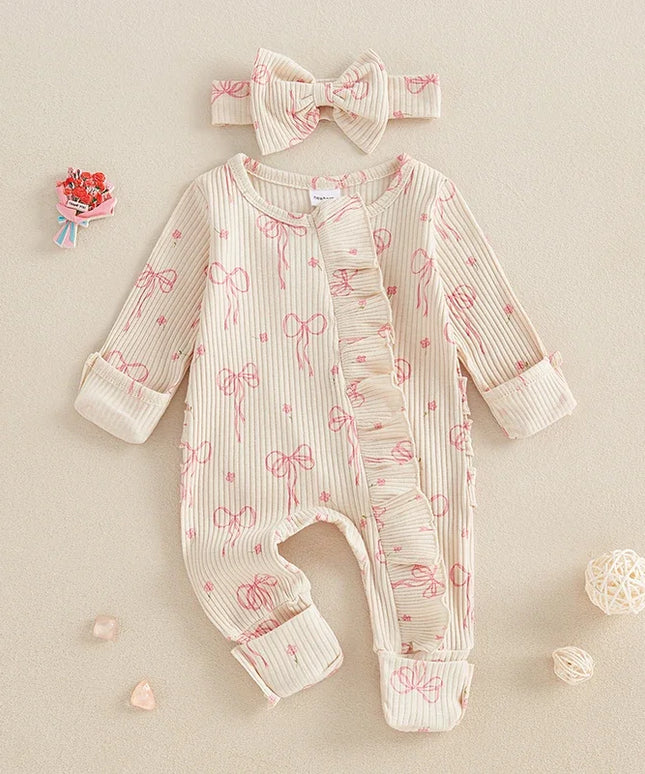 Infant Baby Girl Outfit Bow Print Long Sleeve