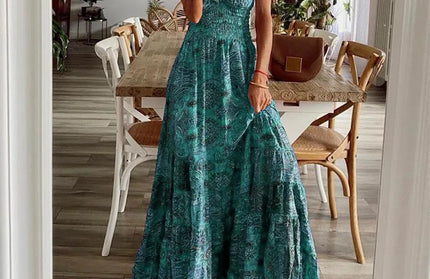 Women's Summer New Ethnic Style Printed Dress  Short-sleeved Waist Dress