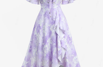 Dye Floral Print Ruffles Lace-Up