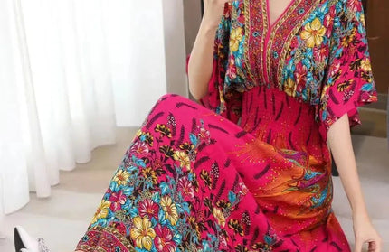 Colorful Flower V-neck Elastic Youthful Bohemian Sweet Dress