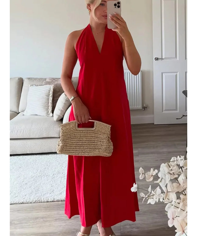 Summer Women Fashion Sleeveless Backless Pleated Decorate Beach Dress