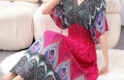 Colorful Flower V-neck Elastic Youthful Bohemian Sweet Dress