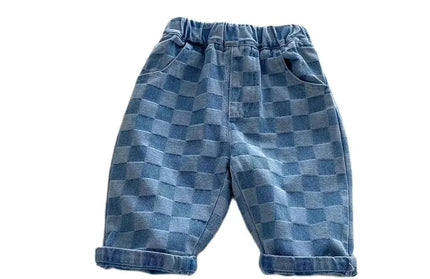Plaid Denim Pants Loose Style