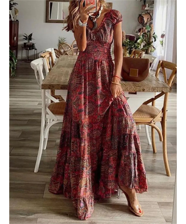 Women's Summer New Ethnic Style Printed Dress  Short-sleeved Waist Dress