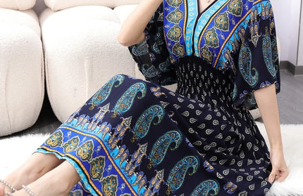 Colorful Flower V-neck Elastic Youthful Bohemian Sweet Dress