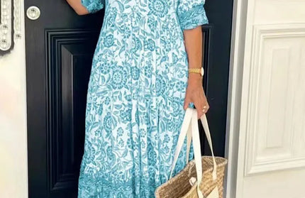 Summer Women New Fashion V-neck Short Sleeve Midi Dress