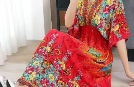 Colorful Flower V-neck Elastic Youthful Bohemian Sweet Dress