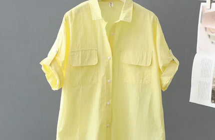 Turn-down Neck Pink Solid Short Sleeved