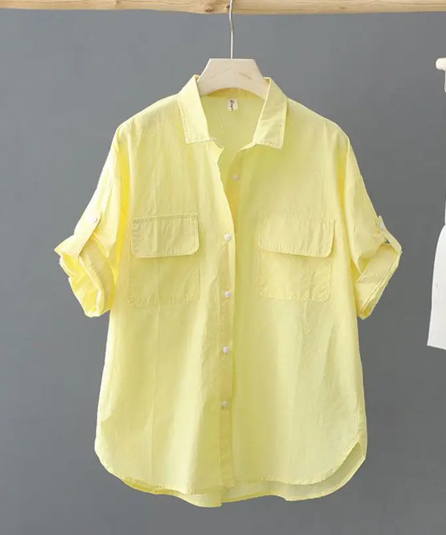 Turn-down Neck Pink Solid Short Sleeved