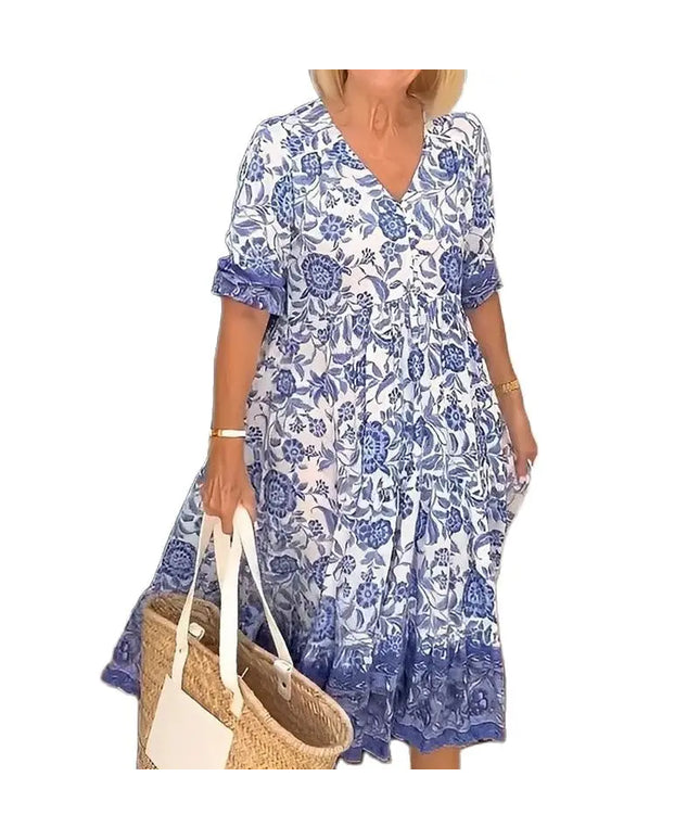 Summer Women New Fashion V-neck Short Sleeve Midi Dress