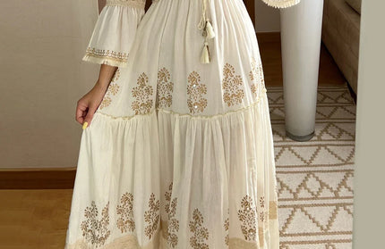 Long Dress for Women Elegant Tassel V-Neck Flare Sleeve