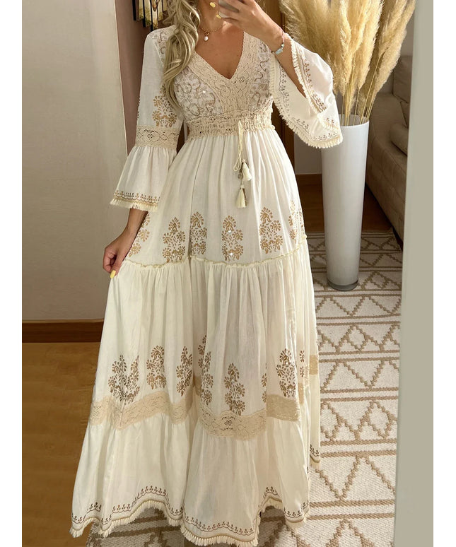 Long Dress for Women Elegant Tassel V-Neck Flare Sleeve