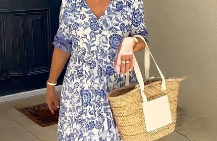 Summer Women New Fashion V-neck Short Sleeve Midi Dress