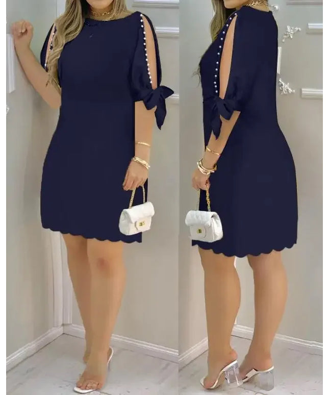 Women Summer Fashion Pearls Decor Split Sleeve Casual Boat Neck