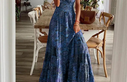 Women's Summer New Ethnic Style Printed Dress  Short-sleeved Waist Dress