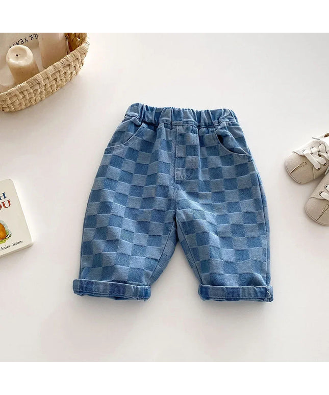 Plaid Denim Pants Loose Style