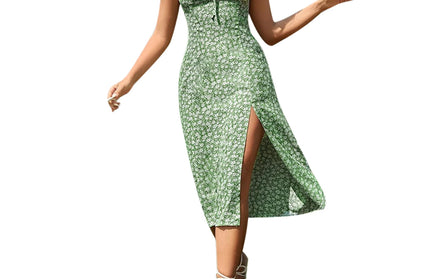 Summer Women Flower Print Spaghetti Strap Sleeveless  with High Slit