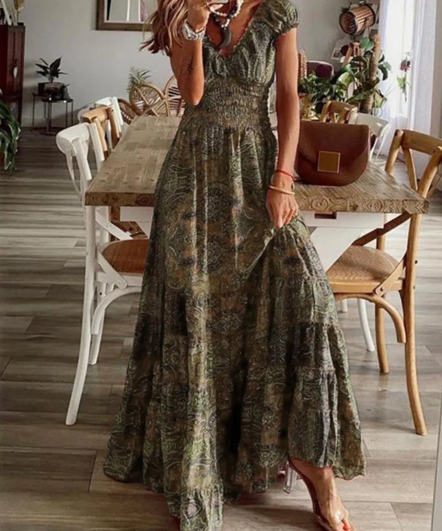 Women's Summer New Ethnic Style Printed Dress  Short-sleeved Waist Dress